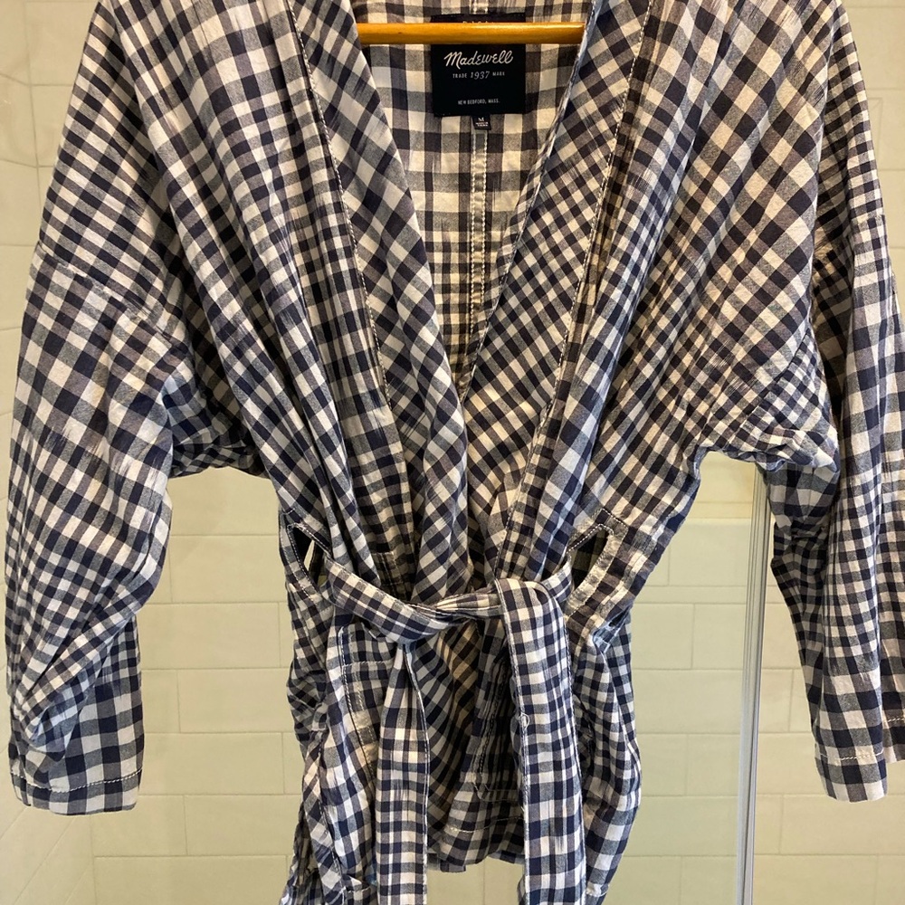 Madewell, blue and white gingham wrap top